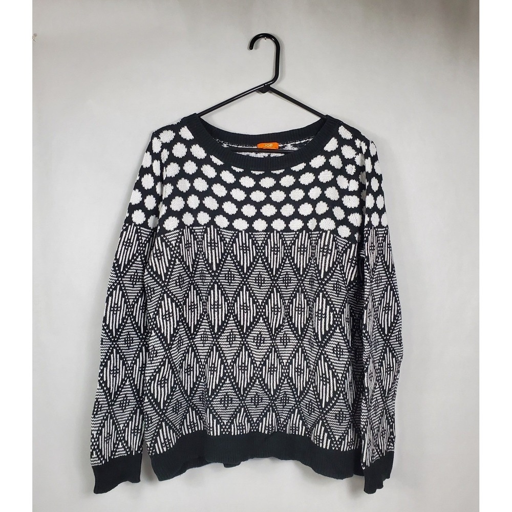 Joe Fresh Womens XL Cotton Sweater Black White Geometric Diamond Polka Dot Knit